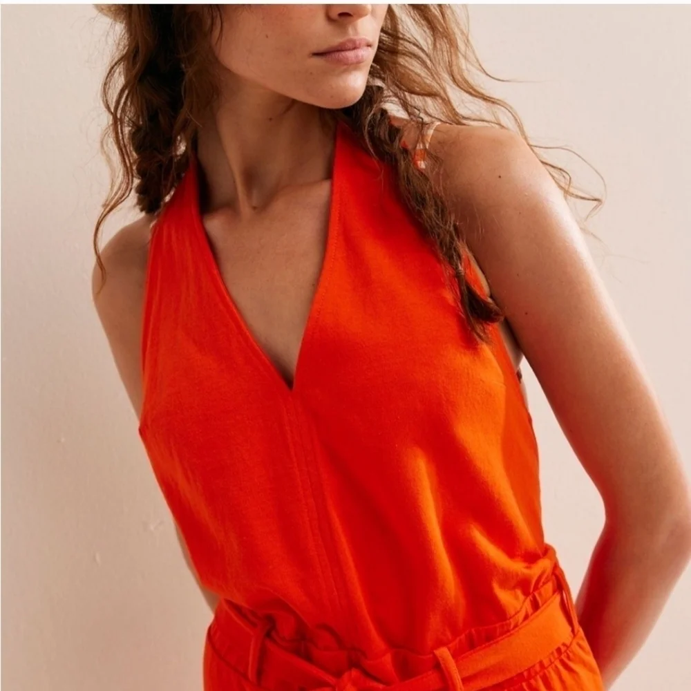 New Free People Beach Randi Halter 100% Cotton Tangerine Tango Dress Medium - Picture 2 of 8